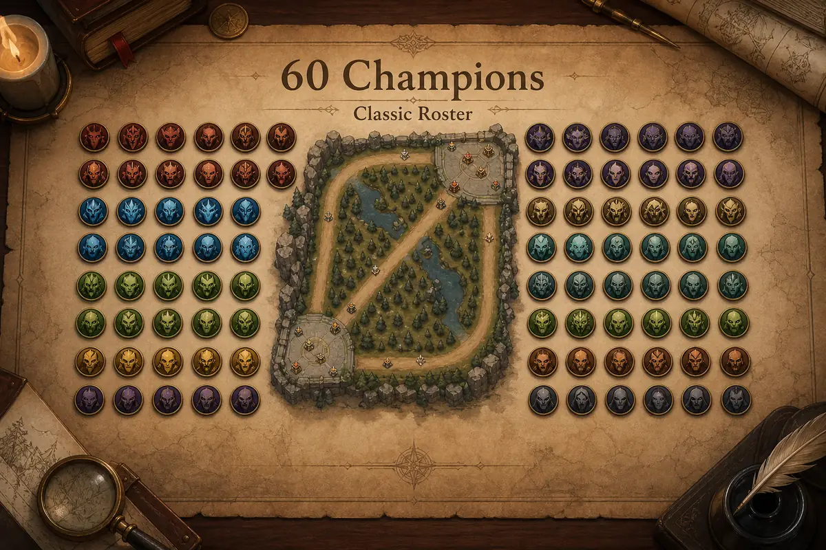 Editorial League Classic roster graphic showing 60 abstract champion tokens around a three-lane map