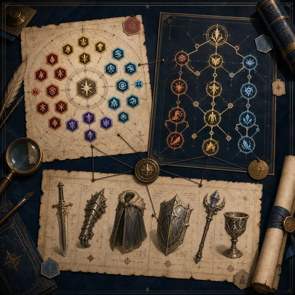 Editorial schematic connecting a League Classic rune page, mastery tree, and historical item silhouettes