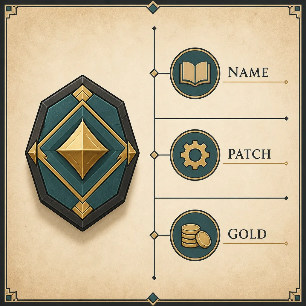 Editorial illustration of a researcher checking historical item records by name, tag, patch, and gold value