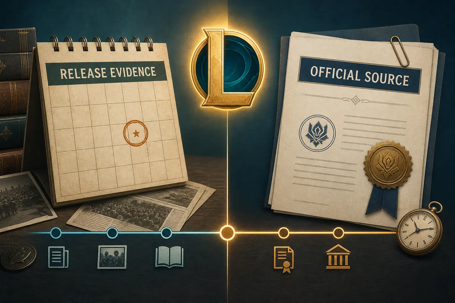 Editorial illustration of a calendar, official-source document, clock, and evidence timeline for League Classic release claims