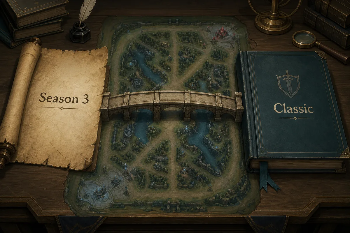 Editorial illustration comparing a Season 3 archive scroll with a modern League Classic source ledger over a three-lane map