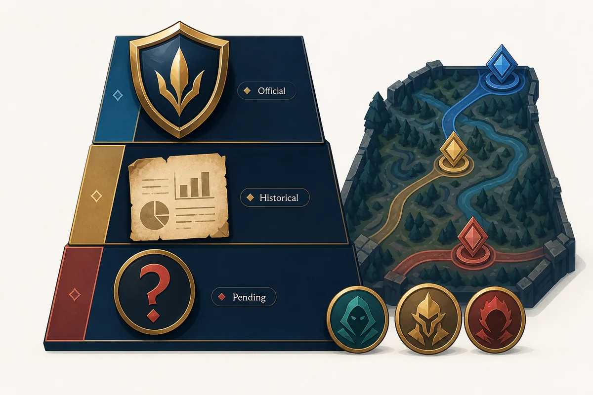 Editorial evidence ladder showing official, historical, and pending layers for a League Classic tier list