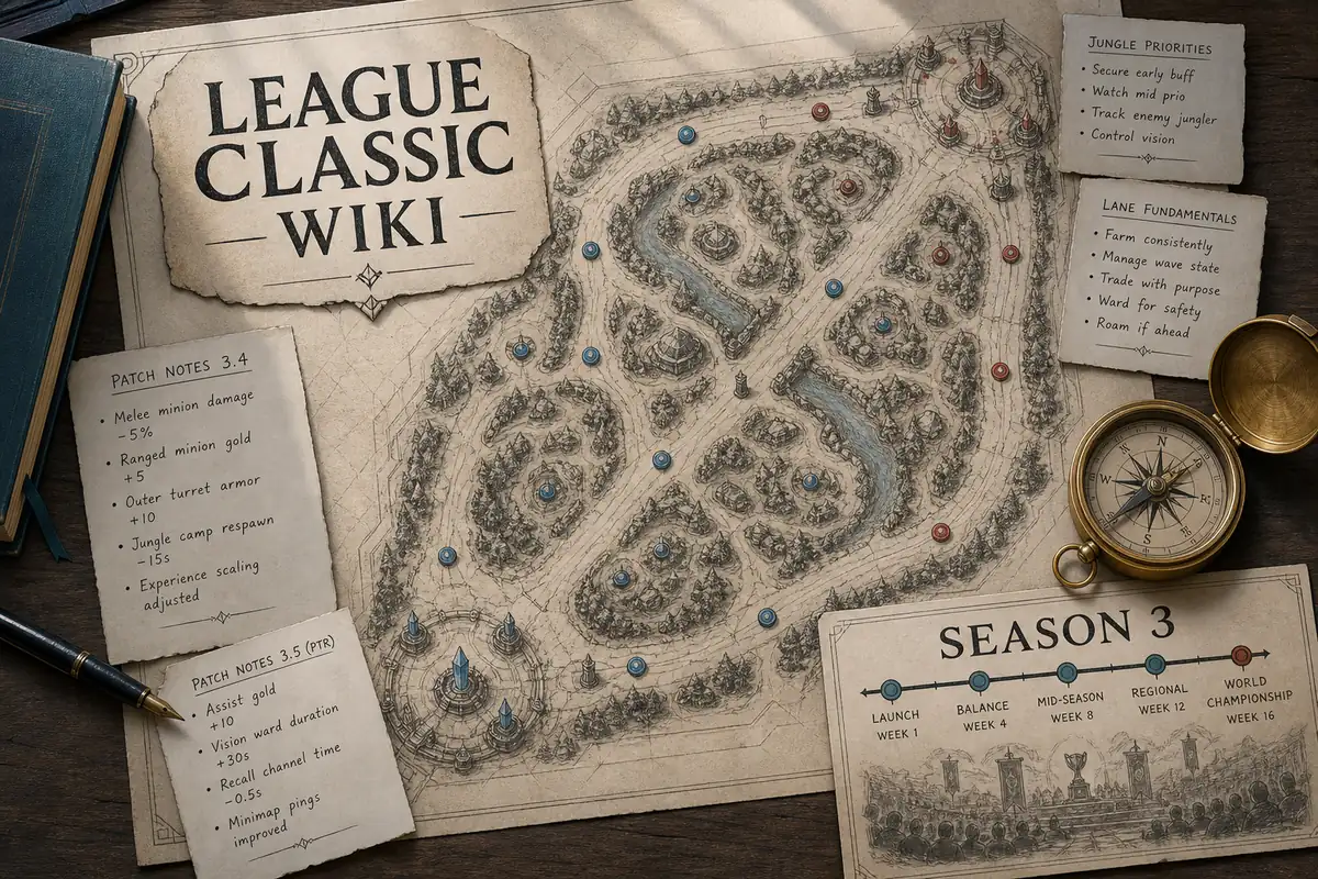 Original editorial illustration of a three-lane arena research table for League Classic Wiki
