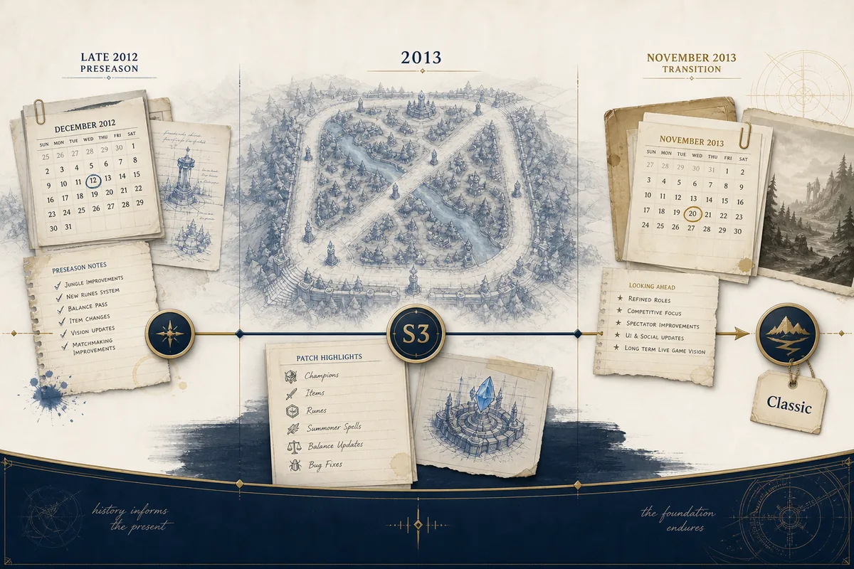 Editorial timeline illustration connecting the late 2012 preseason, the 2013 Season 3 period, and the November 2013 transition